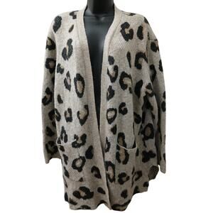 MODERN CANVAS Gray & Animal Print Long Knit Open Cardigan w/ Pockets sz XXL